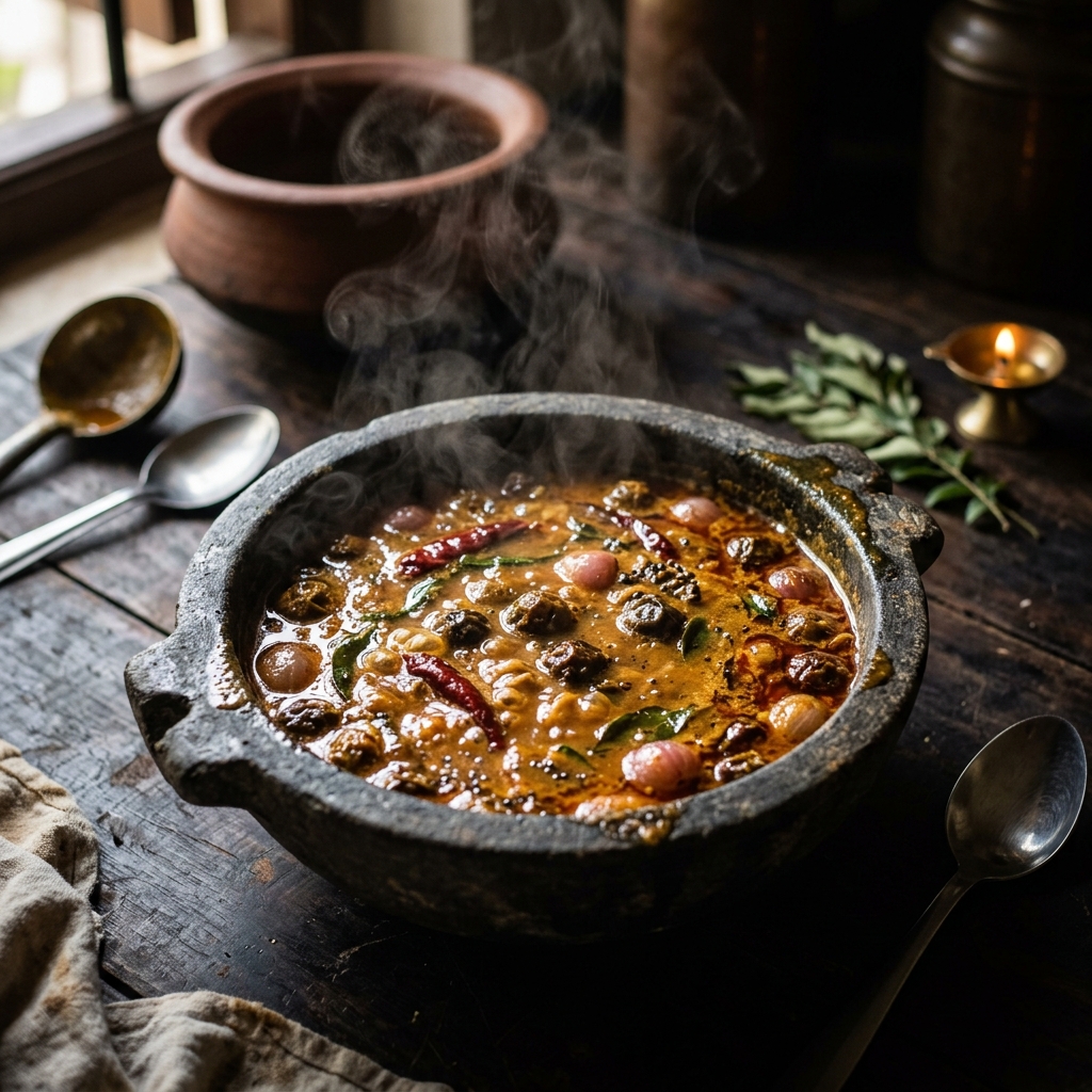 Vatha Kuzhambu - A classic South Indian tangy tamarind-based gravy simmered with sundakkai and traditional spices, offering deep, bold, and comforting flavors.